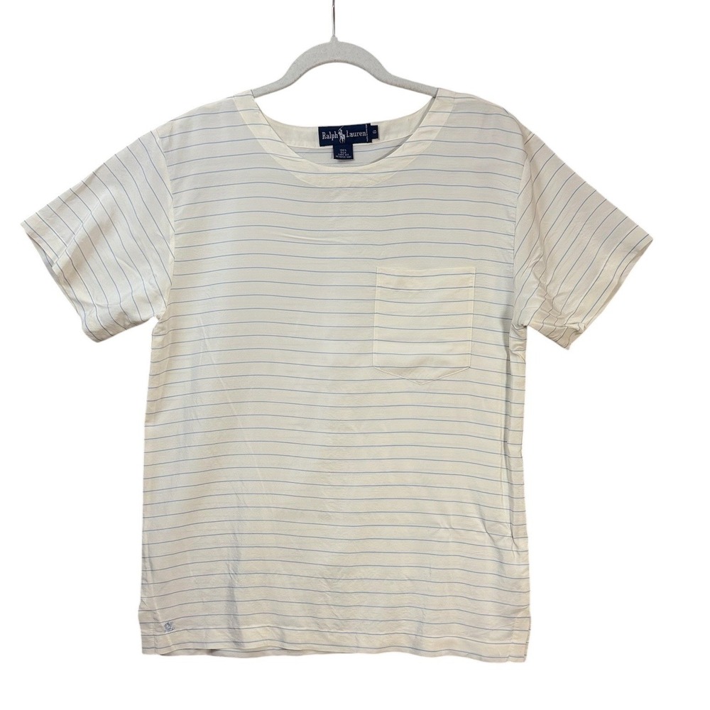 Ralph Lauren Womens Silk Top 6 Ivory Pinstripe Striped Nautical Coastal‎ - Picture 2 of 7